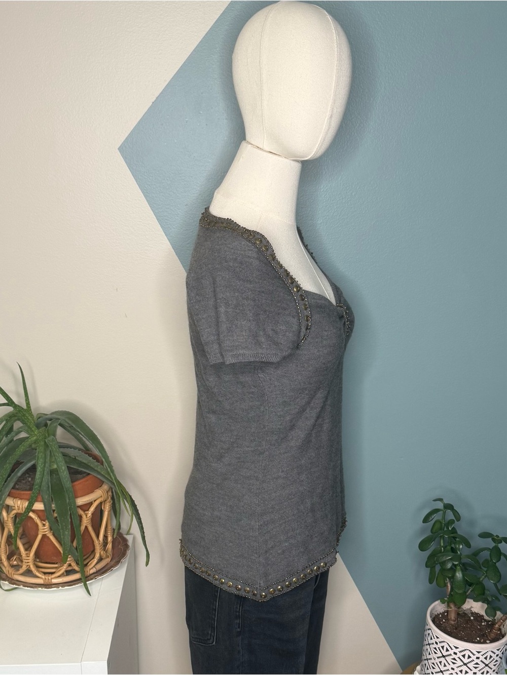 Taryn Rose 100% Merino Wool Studded Sweater Y2K Boho Glam Gray S - Picture 4 of 12